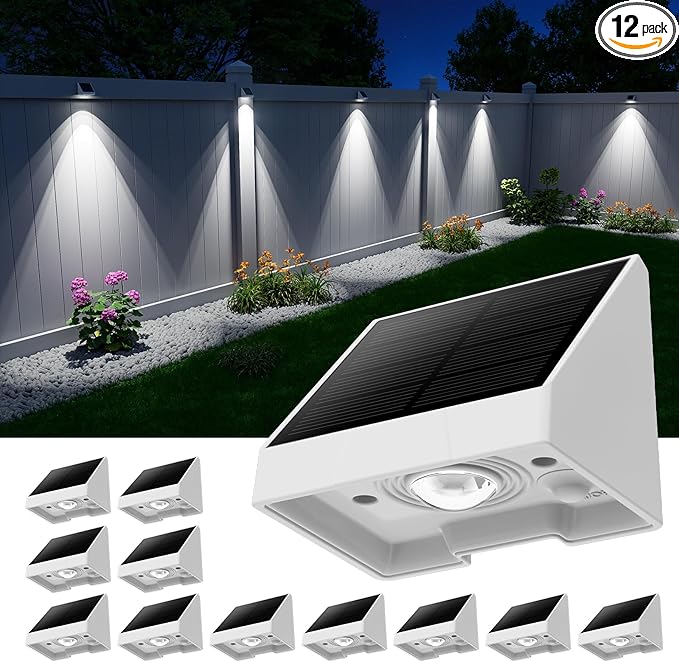 12 Pack Decorative Solar Powered Fence Lights Outdoor Waterproof with Cool White LED Spot Lens, for Outside Wall, Deck, Patio, Yard, Rail, Designed for Enhanced Security, Easy Install(White Shell)