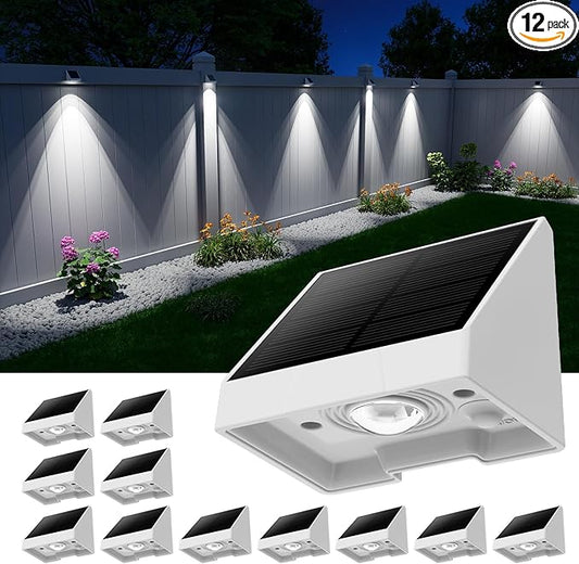 12 Pack Decorative Solar Powered Fence Lights Outdoor Waterproof with Cool White LED Spot Lens, for Outside Wall, Deck, Patio, Yard, Rail, Designed for Enhanced Security, Easy Install(White Shell)