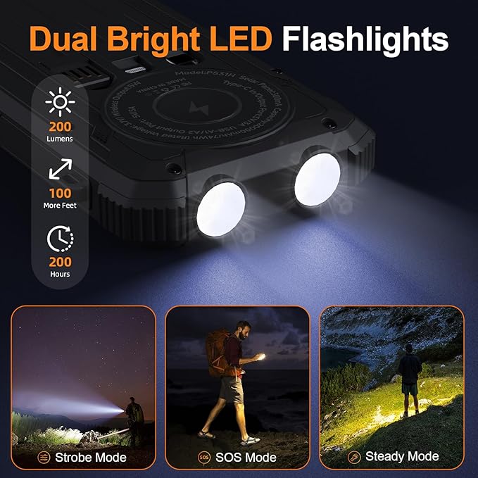 Solar Power Bank 20000mAh Wireless Portable Charger Built-in 3 Cables 15W USB-C Fast Charging Battery Pack Compatible with iPhone, Samsung, iPad, Emergency LED Flashlights Perfect for Camping, Hiking