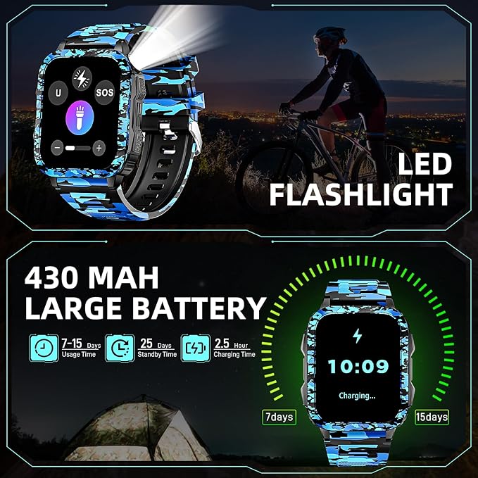 Military Smart Watches for Men (Make/Answer Call) with LED Flashlight 1.96" Screen 430mAh Fitness Tracker with Sport Modes Heart Rate Sleep Monitor Rugged Smartwatch for iPhone Android
