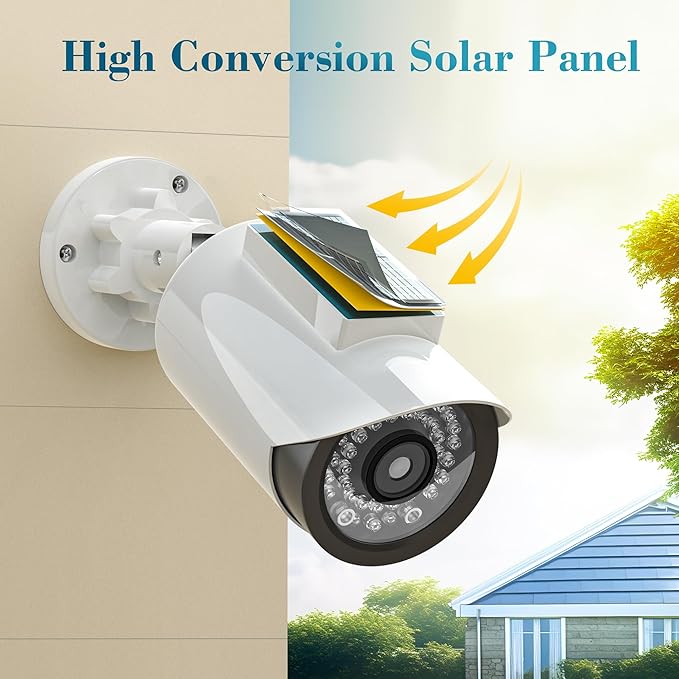 BNT Solar Powered Fake Security Camera, Bullet Shape Fake Surveillance Camera with Red LED Light for Night, Security Warning Sticker, for Outdoor Safety Alert (White 2Pack,Battery not Included)