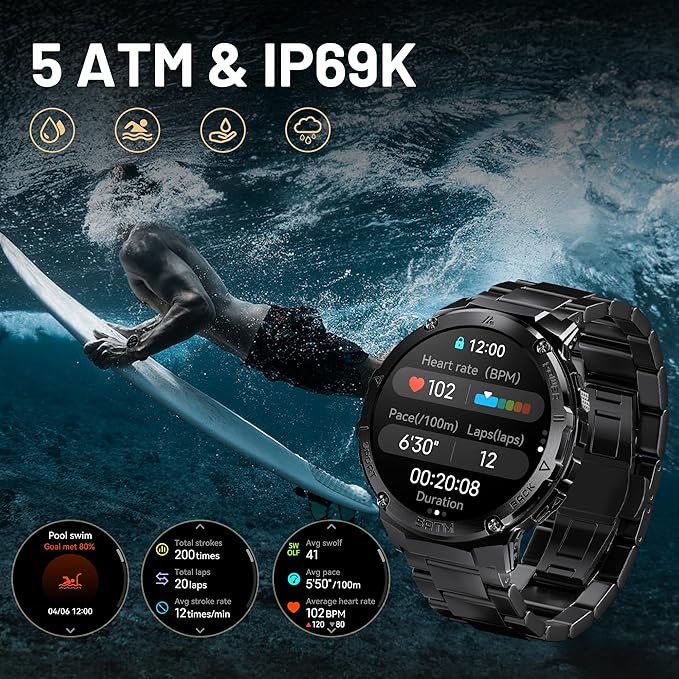 Smart Watches for Men GPS, Pressure,Altitude,Compass, 480mAh Extra-Large Battery, 50M Waterproof, Full Metal Body Rugged Smartwatch, Answer/Make Call,1.43" AMOLED Display(2 Bands)