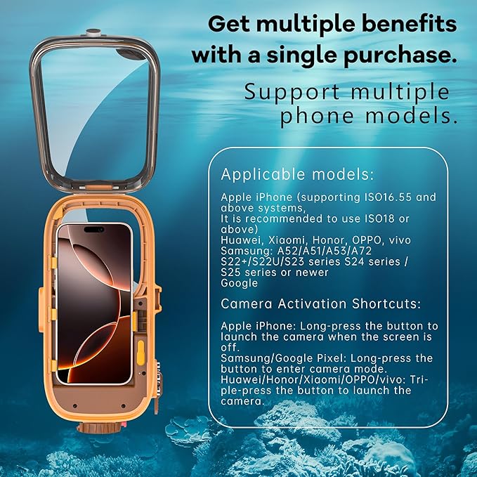 Professional Diving Phone Case, 15m/49ft Underwater Photography Housing, Bluetooth Connection - Button Control, Universal Waterproof Snorkeling Phone case for iPhone and Samsung Android