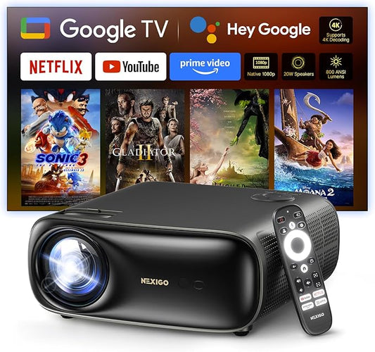 NexiGo PJ40 Pro Google TV Projector, Native 1080p, 4K Support, AI Image Enhancement, 800 ANSI Lumens, Smart Projector with Auto Keystone, 20 W Speakers, Backlit Remote, Wi-Fi & Bluetooth