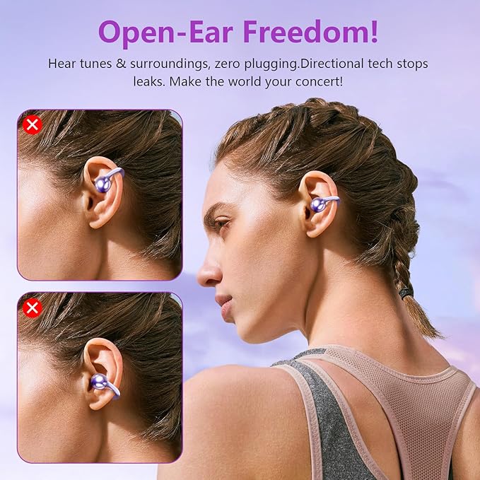 Clip on Headphones,Open Bluetooth 5.4 Earbuds with LED Digital Display Built-in Mic IPX7 Waterproof 50H Playback Sports Bone Conduction Earphones Suitable for Small Ears and Eyeglass Wearers (Purple)