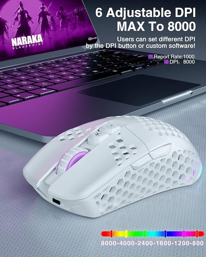 SM600 White Wireless Gaming Mouse,Tri-Modes BT5.1/Type-C Wired/2.4G Wireless Mouse with 2 Side Buttons, Programmable Macro Gamer Mouse with RGB Light for Laptop/PC/Mac