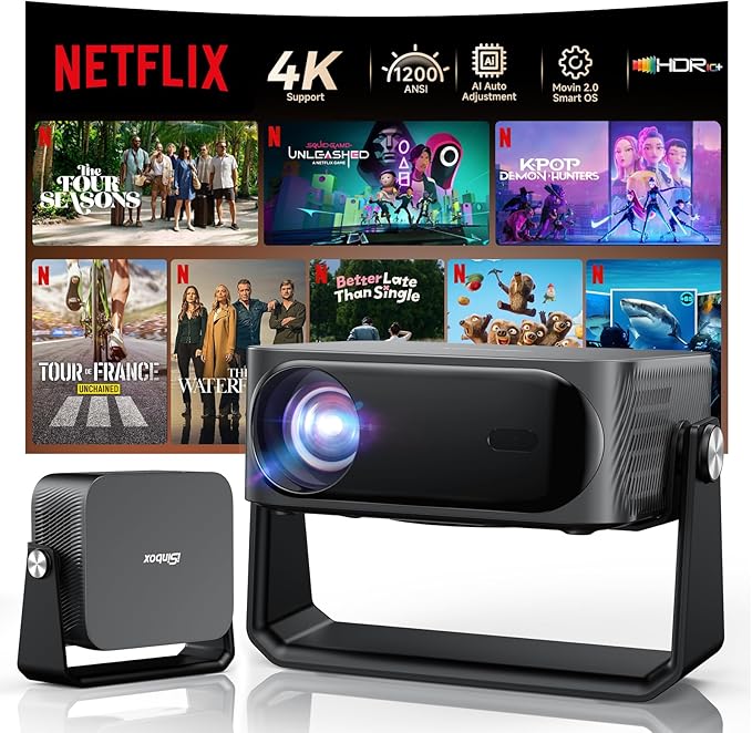 [1200 ANSI/Auto Focus & Keystone/Built-in APPs] 4K Outdoor Projector with Wifi and Bluetooth, Smart Portable Proyector with Built in Apps Netflix/YouTube/PrimeVideo & Dolby, Home Theater with HDR10+