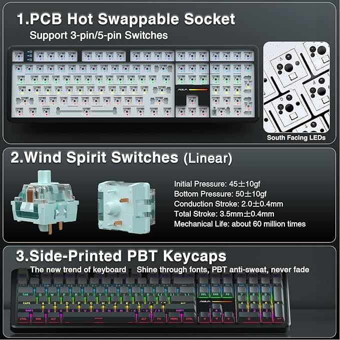 AULA F108 Wireless Mechanical Keyboard, Full Size Gaming Keyboard with Number Pad, Side Printed PBT Keycaps, Pre-lubed Switches, RGB Backlit, Hot Swappable Creamy Sounding Computer Keyboards, 108 keys