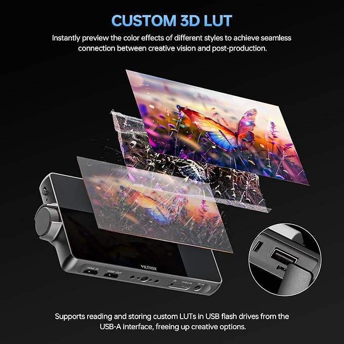 VILTROX DC-A1 2800 Nit Camera Monitor, 7 inch HD 1920x1080 IPS Touch Screen Camera Field Monitor with 4K HDMI 2.0 in/Out, 3D LUT, Focus Peaking, Video Assist, HDR Full Waveform, F550 Battery