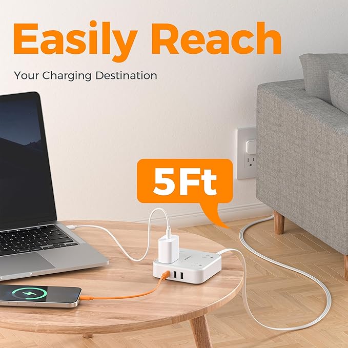 TESSAN Flat Plug Extension Cord 5 Ft, TESSAN Surge Protector Power Strip Ring Pull with 3 USB (1 USB C) 4 Outlets, 900 Joules Protection, Desktop Charging Station for Home, Office, College, Dorm Room,