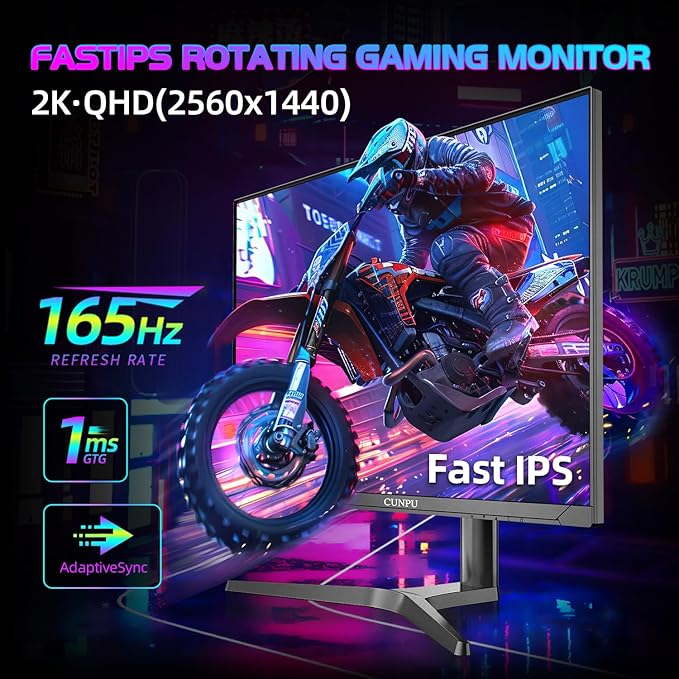 32 Inch Gaming Monitor QHD (2560 x 1440) 2K IPS Panel, 165Hz, 1ms GTG, sRGB 100%,Freesync, HDR10, VESA Mountable,Displayport, HDMI, Height/Tilt/Swivel/Pivot Adjustment, PC Monitor for Gamers