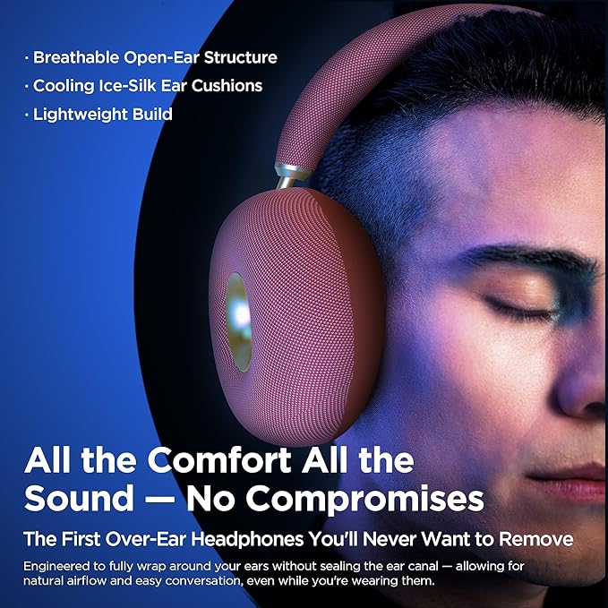BUGANI AirCore Open-Ear Wireless Headphones: Bluetooth 5.3 Over-Ear Headset with Removable Noise-Canceling Ear Caps, Dual-Driver HiFi Sound, 24H Battery Life Comfortable Fit, Type-C Fast Charging