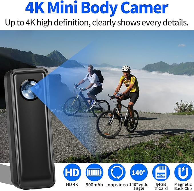 Mini Body Camera 64GB, 4K 30FPS Action Camera, Hands Free Sports Camera with Magnetic Back Clip, Wearable Body Cam POV Records Using for Traveling Cycling Vlogging