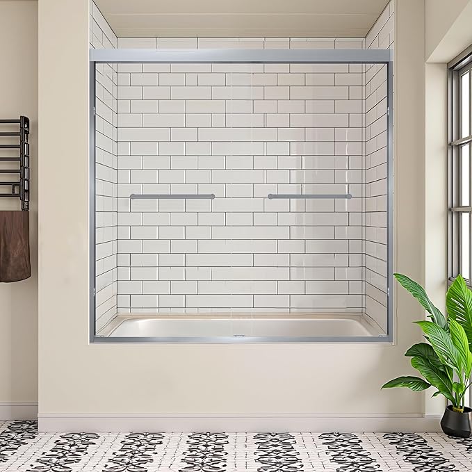 56-60" W x 62" H Tub Shower Door Bathroom Double Sliding Shower Door 5/16"(8mm) Thick Tempered Glass Shower Door with Stainless Steel Handle for Bathtub, Brushed Silver
