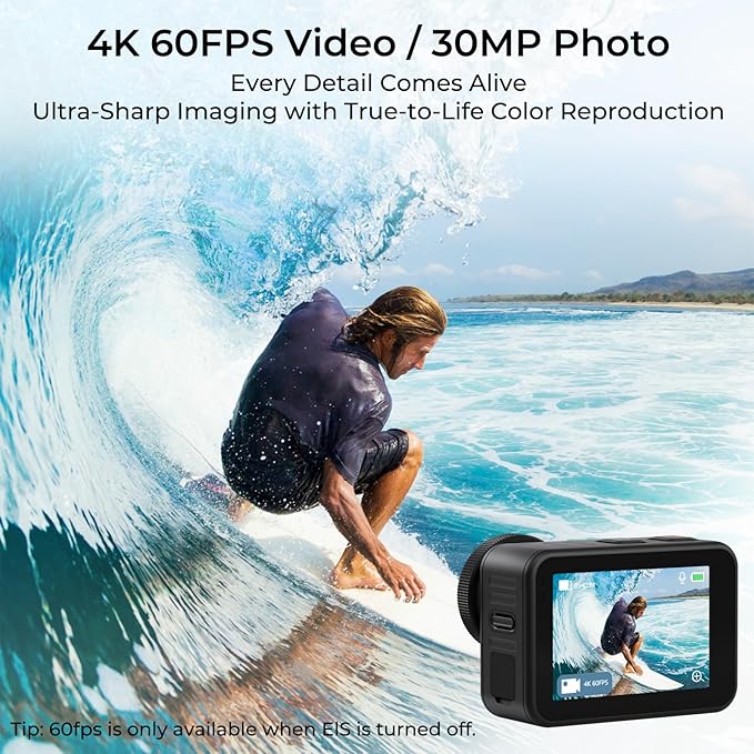 icefox i7 Action Camera 4K 60FPS 30MP with 2X 2150mAh Batteries, Underwater Camera with 5X Zoom, EIS, Powered by Snappro App,Support Video&Photo Editing,Waterproof, WiFi Remote Control