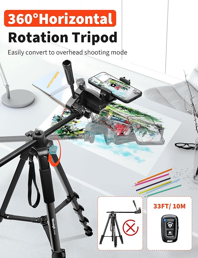 75" Phone Tripod Stand, Overhead Tripod for iPhone with Remote, Portable Horizontal Mount for Video, Live Streaming & Vlogging, Compatible with iPhone Camera