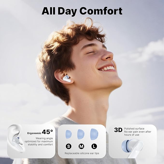 Wireless Earbuds Bluetooth 5.3 Headphones, Lightweight in-Ear Design with Deep Bass, 48HPlaytime, Touch Control, IPX5 Waterproof Earphones for Sports Workout (Blue & White)