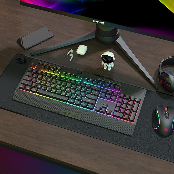 Redragon K525 PRO RGB 3-Mode Wireless Membrane Gaming Keyboard with Multimedia Keys, Linear Mechanical-Feel Switch, 4 Extra On-Board Macro Keys, Dedicated Media Control, Ergonomic Wrist Rest