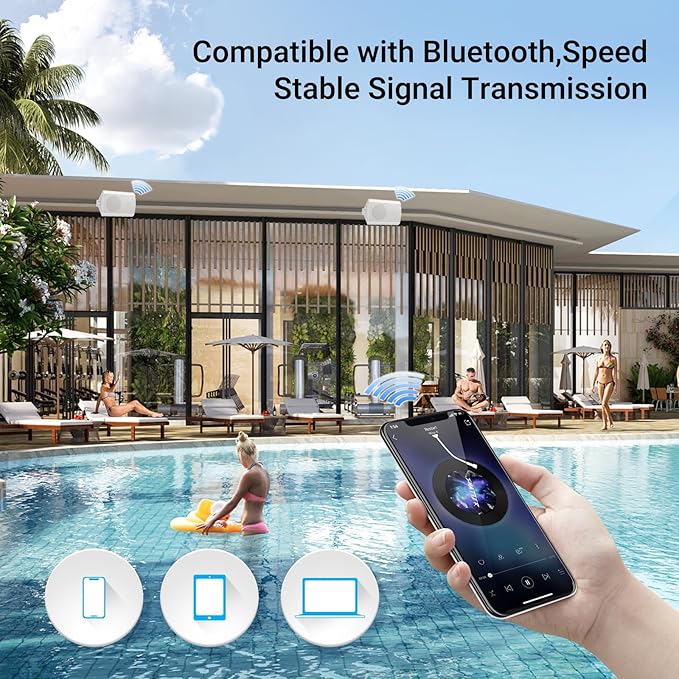 Herdio 4 Inch 200 Watt Outdoor Indoor Bluetooth Speakers,Wall Mount Waterproof Wired for Patio,Deck,Yard,Garage(White)