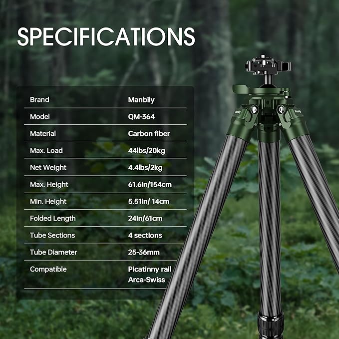 Manbily Shooting Tripod, Carbon Fiber Hunting Tripod with 36mm Legs and 45mm Ball Head, Picatinny to Arca Swiss Adapters, Max Load 44lbs (QM-364PA-Green)