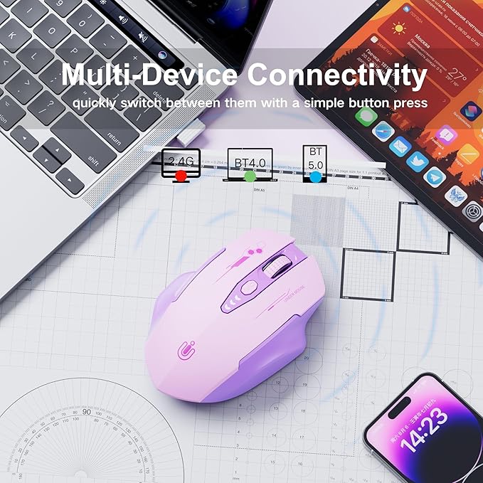 Wireless Bluetooth Mouse,[Upgraded] Rechargeable Computer Mice (BT 5.0/4.0+2.4G Hz) with Visible Battery Level, 4 Adiustable DPl, Portable PC Mouse for MacBook Chromebook,Purple