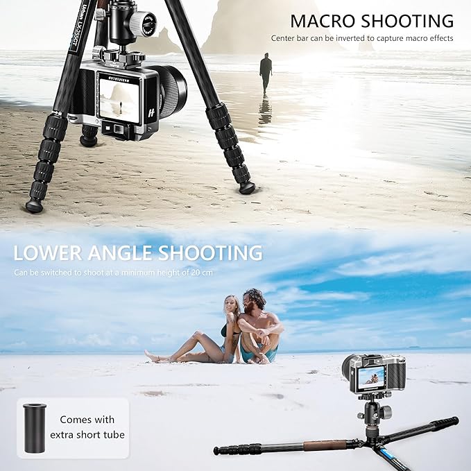 Carbon Fiber Lightweight Travel Tripod with 360° Ball Head, Reverse Folding, Removable Center Column, Folded Height 36cm, Maximum Load 8KG