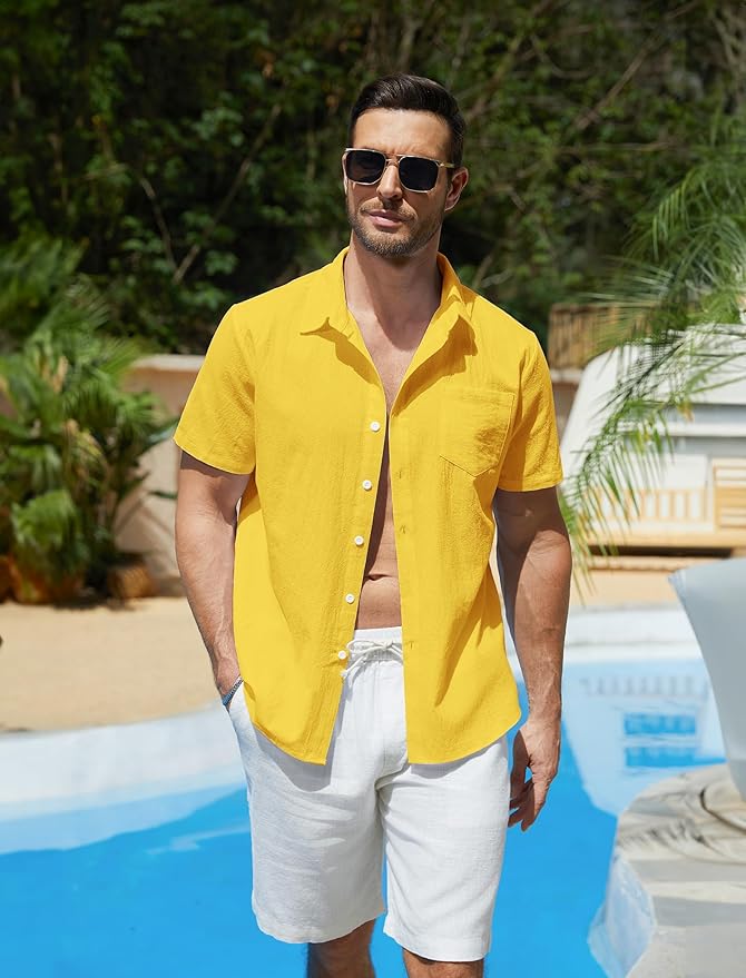 Vssjavun Mens Short Sleeve Button Down Shirts Casual Cotton Shirt Summer Beach Tops with Pocket