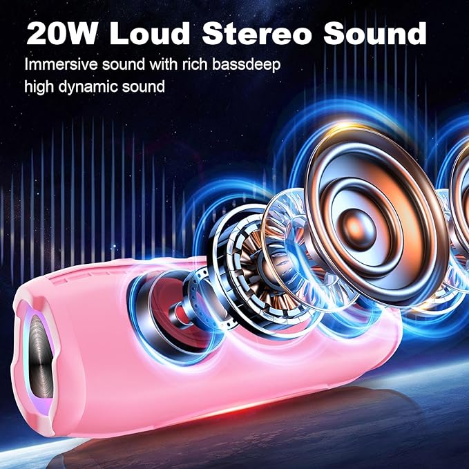 Bluetooth Speakers, Portable Bluetooth Speaker Wireless with 20W Loud Stereo Sound, TWS Pairing, IPX6 Waterproof Shower Speakers, 36H Playtime, RGB Light Speaker, Built-in Radio Mode