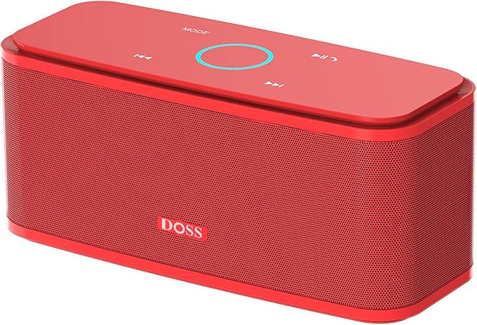 DOSS SoundBox Touch Wireless Bluetooth Speaker with HD Sound and Bass, IPX5 Water-Resistant, 20H Playtime, Handsfree, Portable for Office, Home, Outdoor, Travel-Red