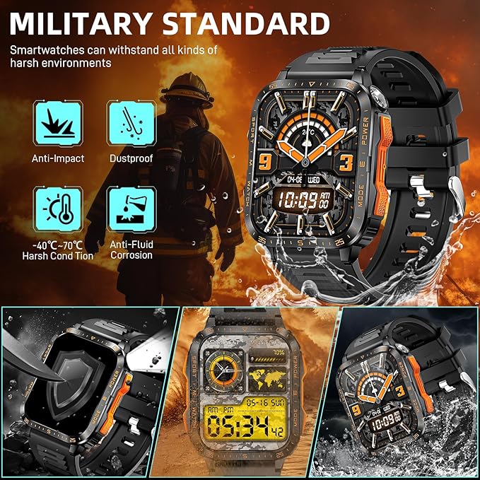 Military Smart Watches for Men (Make/Answer Call) with LED Flashlight 1.96" Screen 430mAh Fitness Tracker with Sport Modes Heart Rate Sleep Monitor Rugged Smartwatch for iPhone Android