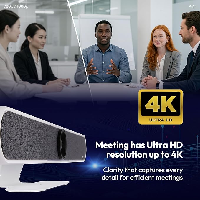 Meeting 4K Video Conferencing Bar – 4K Camera with 120° Wide-Angle Lens, AI Auto-Framing, 6 Mics with 20ft Pickup Range, Dual Speakers, Plug-and-Play USB for Zoom/Teams/Meet – Medium Rooms