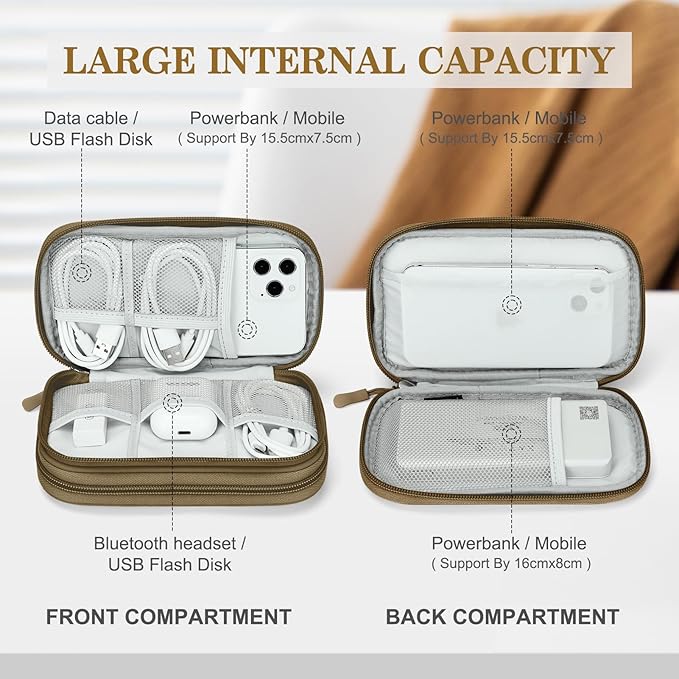 FYY Electronic Organizer, Travel Cable Organizer Bag Pouch Electronic Accessories Carry Case Portable Waterproof Double Layers All-in-One Storage Bag for Cable, Cord, Charger, Phone, Earphone Brown