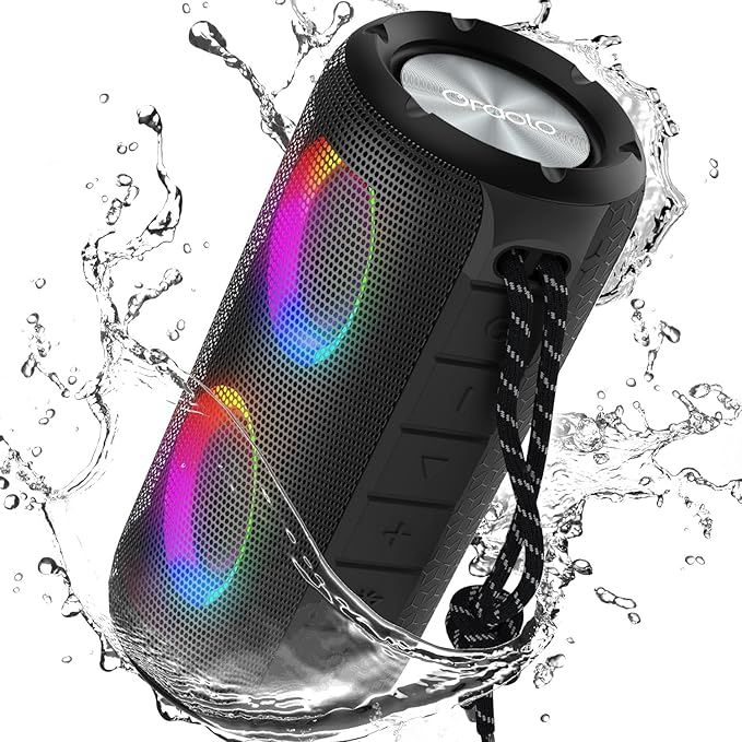 BUGANI Luster Bluetooth Speakers, Portable Wireless Stereo Speaker with Colorful Lights, Loud Sound, Bluetooth 5.3, 24H Playtime, IPX6 Waterproof, AUX-in, for Home/Outdoor/Camping/Beach