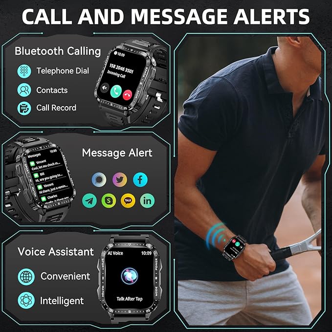 Military Smart Watches for Men (Make/Answer Call) with LED Flashlight 1.96" Big Screen 430mAh Fitness Tracker with Sport Modes Heart Rate Monitor Rugged Smartwatch for iPhone Android