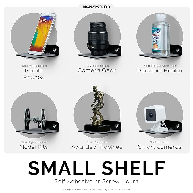 BRAINWAVZ 2-Pack 4” Small Floating Shelf Bluetooth Speaker Stand, Adhesive & Screw Wall Mount, Anti Slip, for Cameras, Baby Monitors, Webcam, Router & More, Universal Holder (SHELF11 Black)