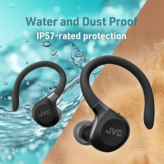 JVC Fitness Series True Wireless Sport Earbuds with Adjustable Hooks, Active Noise Cancelling, Ambient Sound Mode, IP57 Waterproof, 40hr Long Battery Life, App EQ, Low Latency, Mic HAEC75TB Black
