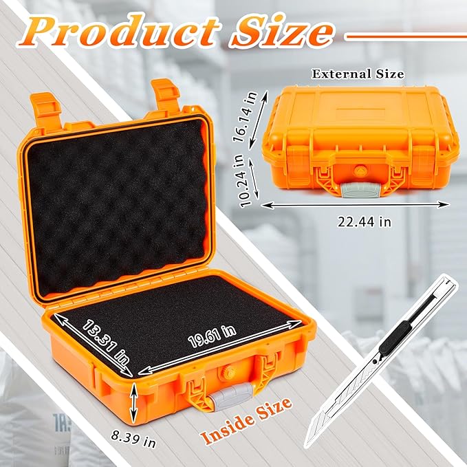 22.4 x 16.1 x 10.2 Inch Waterproof Hard Case with DIY Customizable Foam Insert Portable Protective Case with Knife for Camera Drones Equipments Tools Test Instruments (Orange)