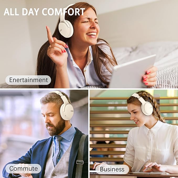 AMORNO Bluetooth Headphones Over Ear, 68 Hours Playtime Wireless Headphones with Mic, Foldable Adjustable Lightweight HiFi Stereo Headset for Cellphone/PC/Work/Travel (White)