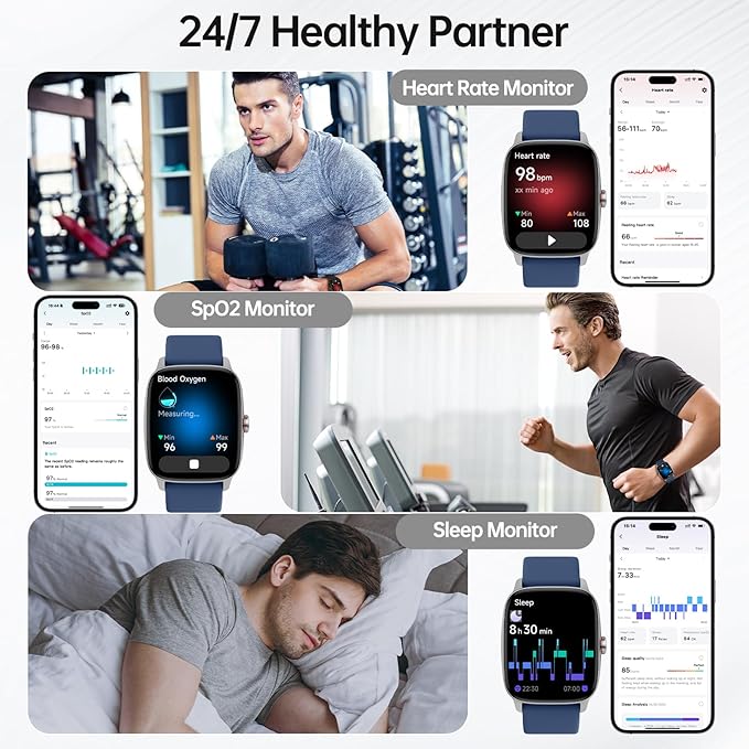 Smart Watches for Women Men with Bluetooth Call & AI Voice, 1.85" HD Fitness Tracker with Heart Rate SpO2 Sleep Monitor, 100+ Sports Modes Mini Games, IP68 Waterproof Smartwatch for Android iOS Phones