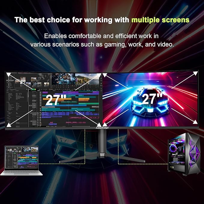 Amzfast 49 Inch Curved Monitor 120Hz DQHD 5120x1440p Ultrawide Gaming Monitor, 120% sRGB, 3000:1, 1ms, HDR, Adaptive Sync, PIP/PBP, Low Blue Light, HDMI 2.0/DP 1.4, VESA 75x75, AMZG49C7U