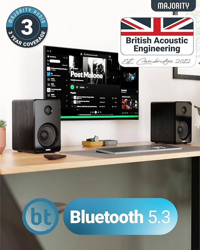 Majority D40 Active Bookshelf Speakers | Powered Stereo Studio Speakers | Powerful Amplified 2.0 Channel Sound | Bluetooth, Optical, RCA, USB & Aux Playback | Digital Controls | HiFi Speakers
