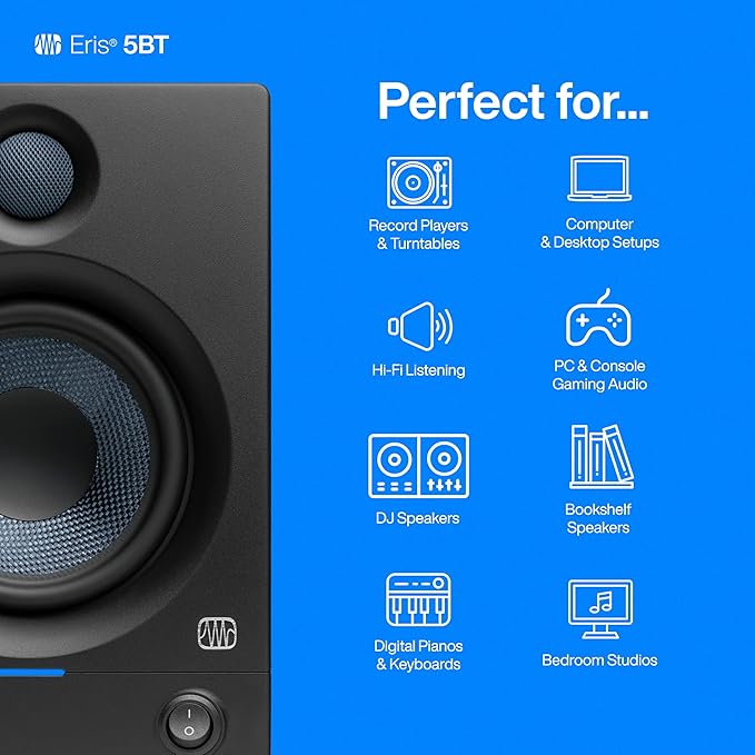 PreSonus Eris 5BT Bluetooth Studio Monitors, Pair — 5.25" Inch Powered Bookshelf Speakers, Stereo, Desktop Computer, Near Field Music Production, Audio Mixing Recording