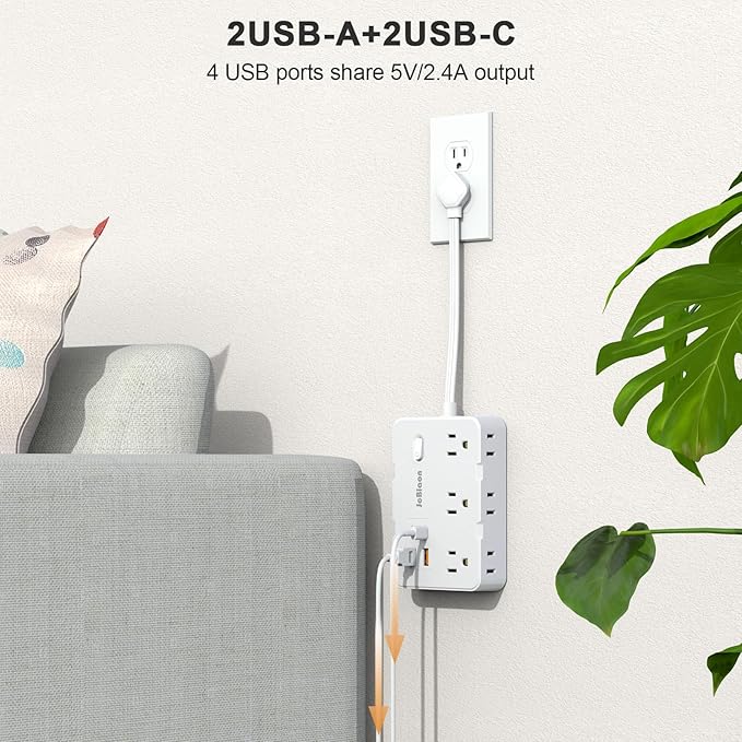 Surge Protector Power Strip, Flat Plug Extension Cord 0.65 FT with 6 Outlets 4 USB Charger (2 USB C), 1050J Protection Multiple Outlets Charging Station for Home, Office, College Dorm Room