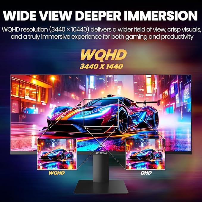 CRUA 34" Gaming Monitor, IPS WQHD(3440×1440P) 144Hz/165Hz Computer Monitor, 21:9 UltraWide Screen, 380cd/m², 120% sRGB, Support AMD FreeSync, Height Adjustable and with Speakers, Wall Mountable-Black
