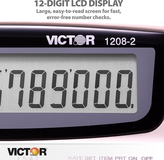 Victor Printing Calculator, 1208-2 Compact and Reliable Adding Machine with 12 Digit LCD Display, Battery or AC Powered, Includes Adapter,White