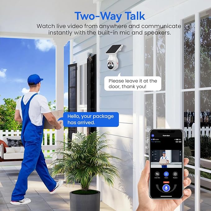1080p WiFi Security Camera with Solar Panel, Battery Powered, Pan Tilt, AI Motion Detection, Night Vision, 2-Way Talk, IP65, Cloud Storage (Sold Separately), 2.4GHz WiFi Only