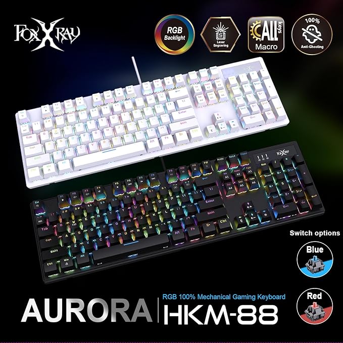 HKM-88 Full-Size Mechanical Gaming Keyboard, Customizable Keys with Macro Support, RGB Backlit, Outemu Blue Switches, USB Plug and Play for PC