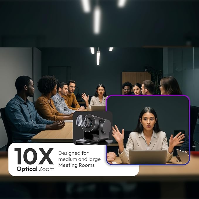 Teams Video Conferencing System – Full HD 1080p PTZ Camera with 10x Optical Zoom, 360° Omnidirectional Speakerphone, Noise Cancellation, Plug-and-Play USB, Zoom & Microsoft Teams Compatible