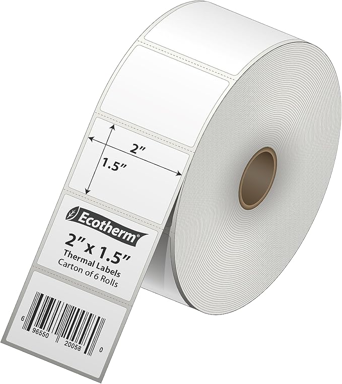 2" x 1.5" Thermal Labels | 6 Rolls | 8220 Labels | fits Zebra, Munbyn, Rollo, Godex, Arkscan, iDPRT, Offnova Thermal Label Printers and More | Blank White Adhesive Stickers by Ecotherm