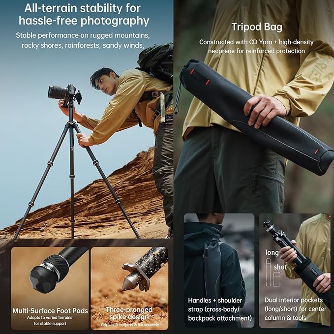 FALCAM TreeRoot Lite F38 Quick Lock Carbon Fiber Travel Tripod with Ball Head Load Capacity 3kg/6.6lbs, Max Vertical Payload 40Kg/88lbs for Cameras (C141K-301)